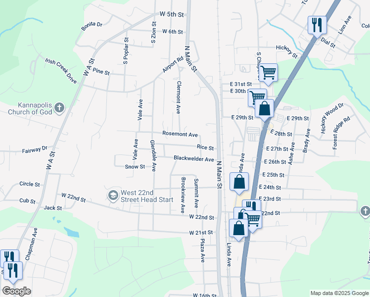 map of restaurants, bars, coffee shops, grocery stores, and more near Rice Street in Kannapolis