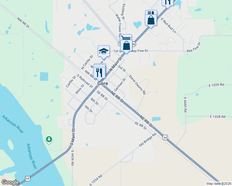 map of restaurants, bars, coffee shops, grocery stores, and more near 203 Northeast Railroad Street in Gore