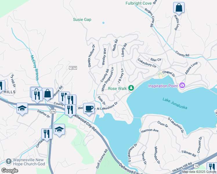 map of restaurants, bars, coffee shops, grocery stores, and more near 29 Bomac Road in Lake Junaluska