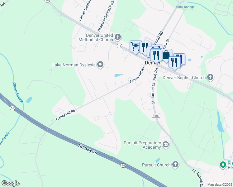 map of restaurants, bars, coffee shops, grocery stores, and more near 7338 Forney Hill Road in Denver