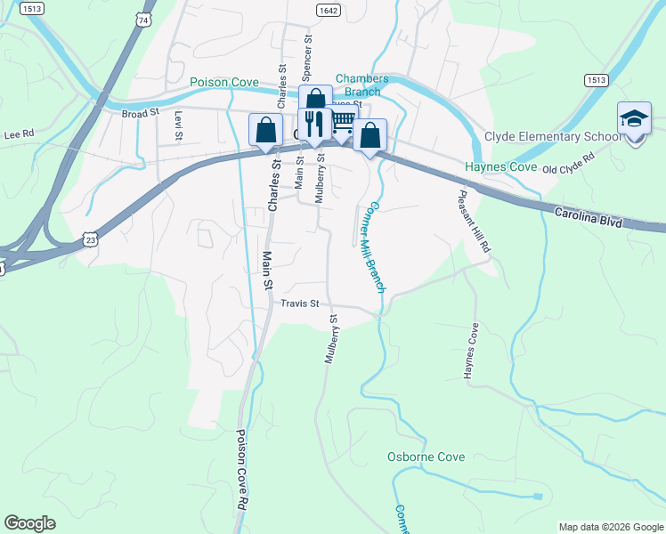 map of restaurants, bars, coffee shops, grocery stores, and more near 539 Mulberry Street in Clyde