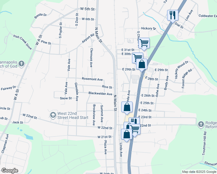 map of restaurants, bars, coffee shops, grocery stores, and more near 102 Rice Street in Kannapolis