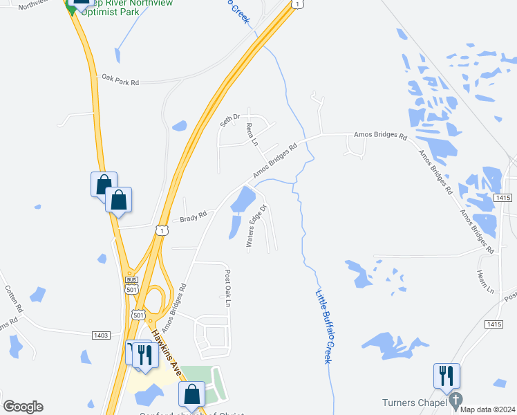 map of restaurants, bars, coffee shops, grocery stores, and more near 2805 Waters Edge Drive in Sanford