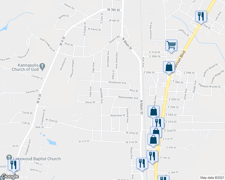 map of restaurants, bars, coffee shops, grocery stores, and more near 309 Rosemont Avenue in Kannapolis