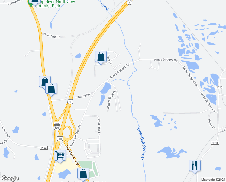map of restaurants, bars, coffee shops, grocery stores, and more near 2805 Waters Edge Drive in Sanford