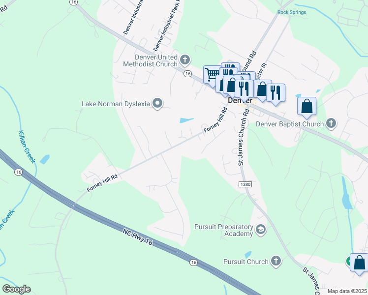 map of restaurants, bars, coffee shops, grocery stores, and more near 7338 Forney Hill Road in Denver