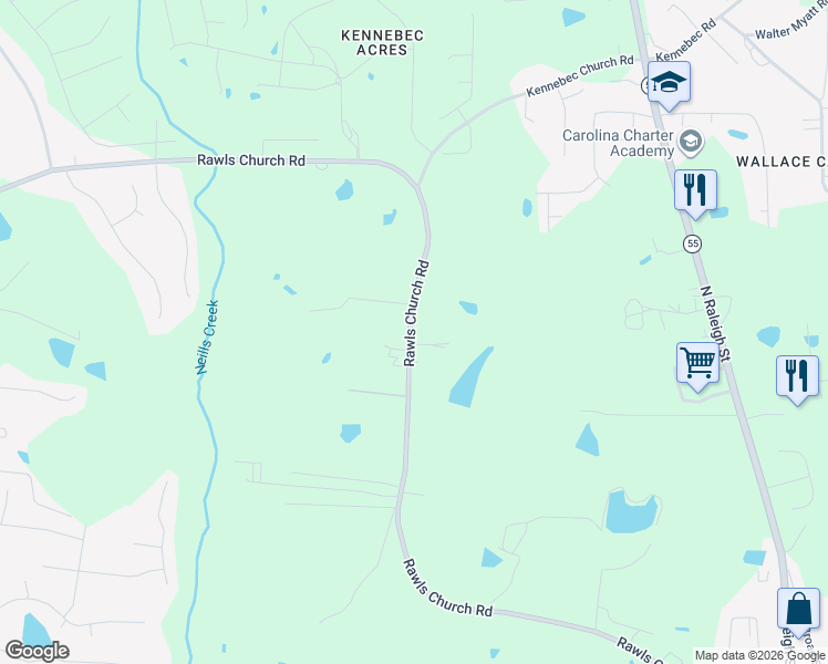 map of restaurants, bars, coffee shops, grocery stores, and more near 1576 Rawls Church Road in Angier