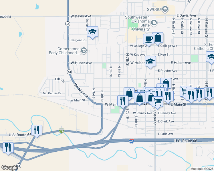 map of restaurants, bars, coffee shops, grocery stores, and more near 606 West Arapaho Avenue in Weatherford