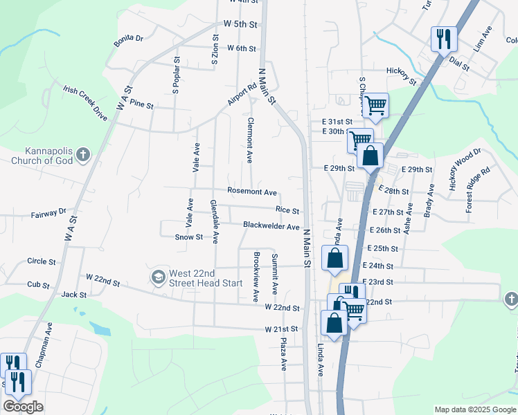 map of restaurants, bars, coffee shops, grocery stores, and more near Rice Street in Kannapolis