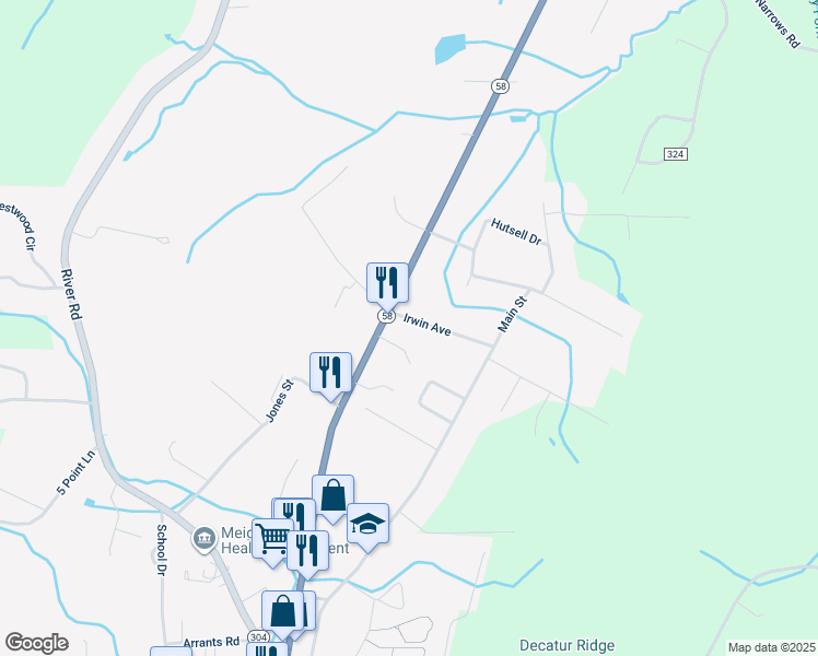 map of restaurants, bars, coffee shops, grocery stores, and more near 18200 Tennessee 58 in Decatur