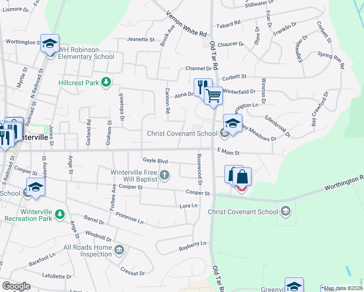 map of restaurants, bars, coffee shops, grocery stores, and more near 2534 Ragland Road in Winterville