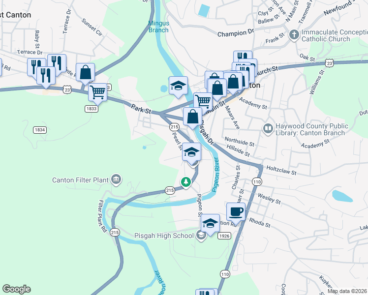 map of restaurants, bars, coffee shops, grocery stores, and more near 32 Pearl Street in Canton