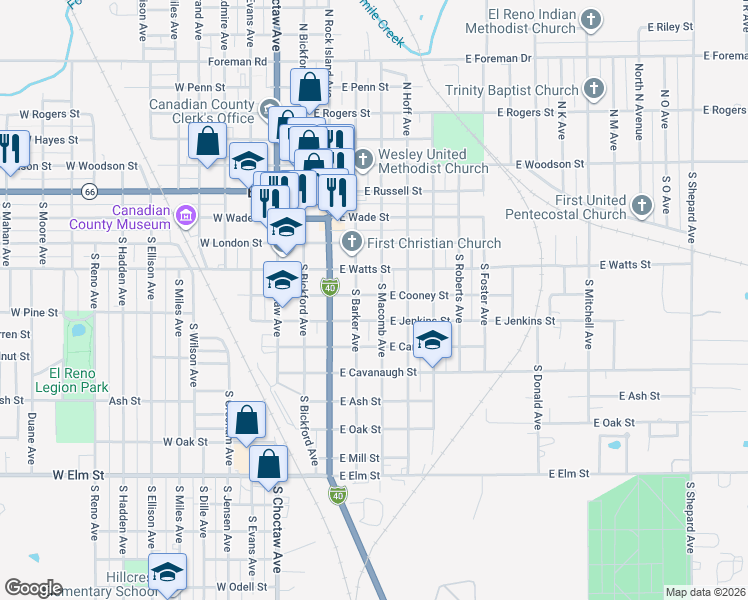 map of restaurants, bars, coffee shops, grocery stores, and more near 501 South Barker Avenue in El Reno