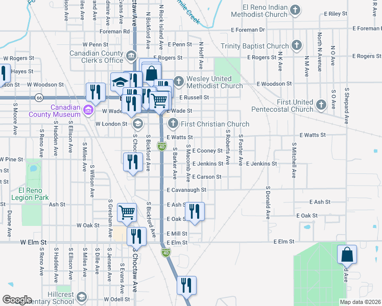 map of restaurants, bars, coffee shops, grocery stores, and more near 517 South Macomb Avenue in El Reno