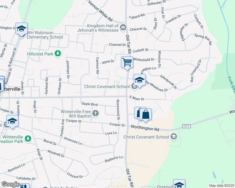 map of restaurants, bars, coffee shops, grocery stores, and more near 611 Main Street in Winterville