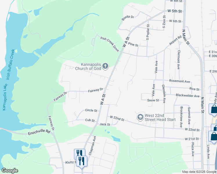 map of restaurants, bars, coffee shops, grocery stores, and more near 2106 West A Street in Kannapolis