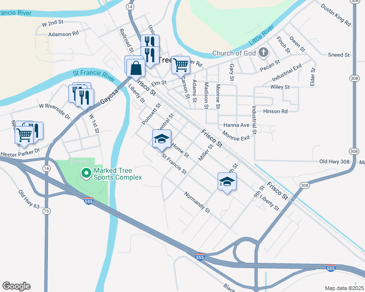 map of restaurants, bars, coffee shops, grocery stores, and more near 400-498 Liberty Street in Marked Tree
