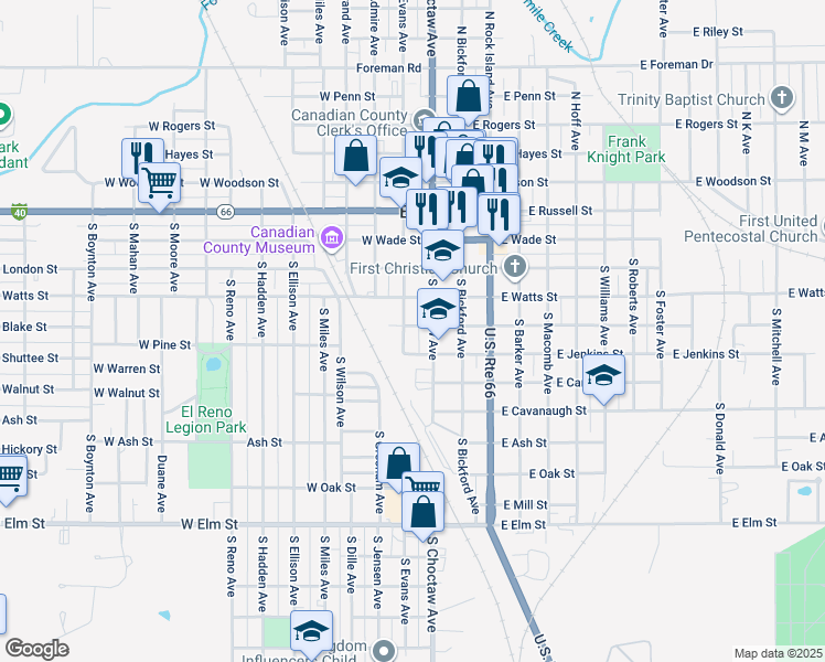 map of restaurants, bars, coffee shops, grocery stores, and more near 511 South Evans Avenue in El Reno