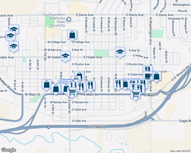 map of restaurants, bars, coffee shops, grocery stores, and more near 412 East Arapaho Avenue in Weatherford