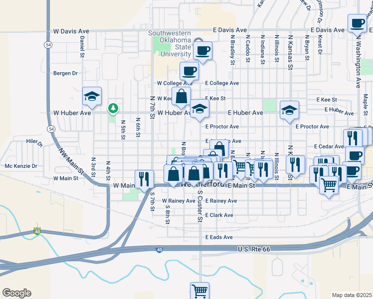 map of restaurants, bars, coffee shops, grocery stores, and more near 314 North Broadway Street in Weatherford