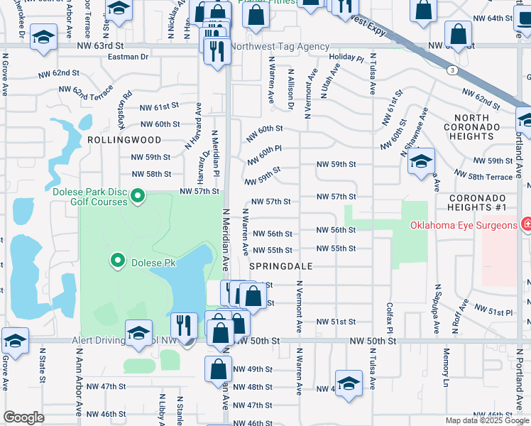 map of restaurants, bars, coffee shops, grocery stores, and more near 4404 Northwest 57th Street in Oklahoma City