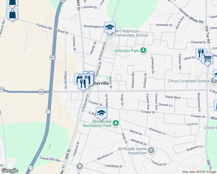 map of restaurants, bars, coffee shops, grocery stores, and more near 224 North Street in Winterville