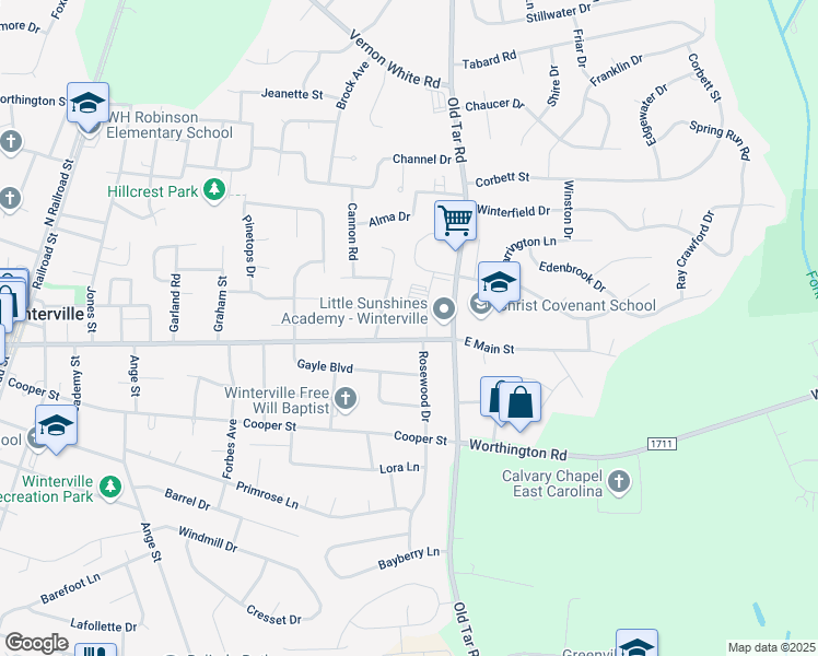 map of restaurants, bars, coffee shops, grocery stores, and more near 611 Main Street in Winterville