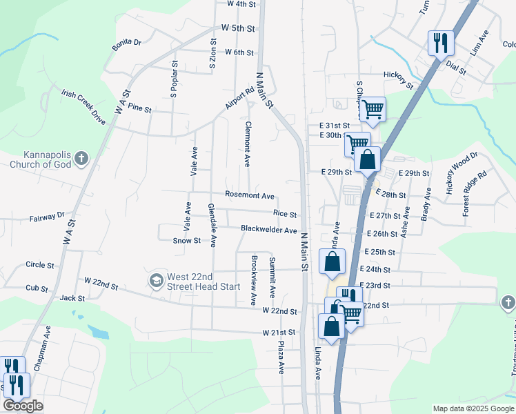 map of restaurants, bars, coffee shops, grocery stores, and more near 216 Rice Street in Kannapolis