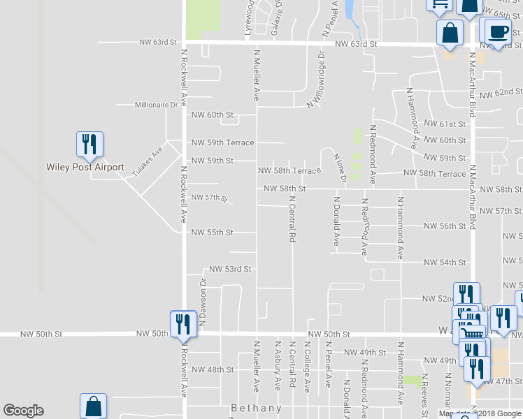 map of restaurants, bars, coffee shops, grocery stores, and more near 5704 North Mueller Avenue in Bethany