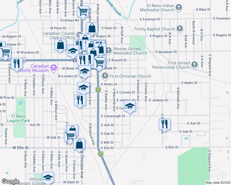 map of restaurants, bars, coffee shops, grocery stores, and more near 517 South Macomb Avenue in El Reno