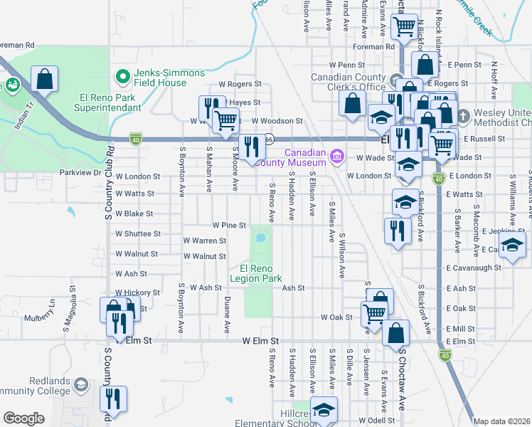 map of restaurants, bars, coffee shops, grocery stores, and more near 523 South Keith Avenue in El Reno