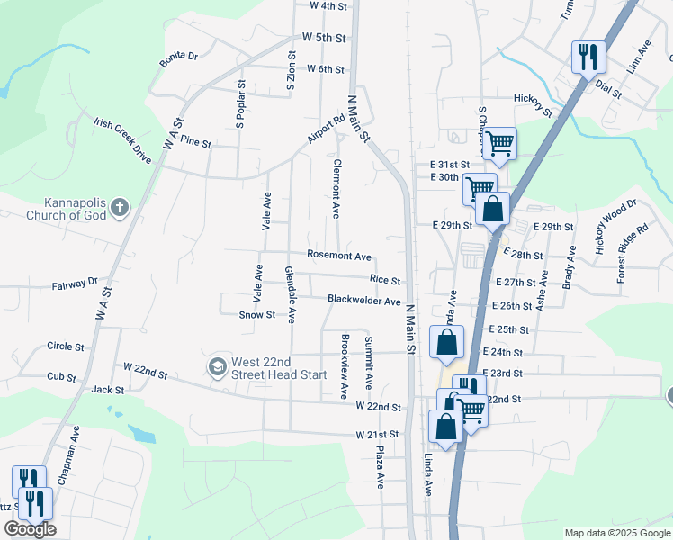map of restaurants, bars, coffee shops, grocery stores, and more near 220 Rice Street in Kannapolis