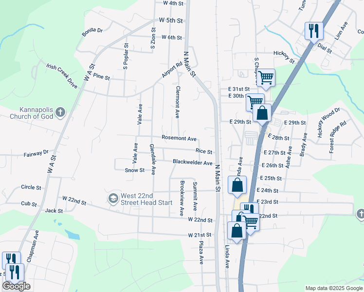 map of restaurants, bars, coffee shops, grocery stores, and more near 216 Rice Street in Kannapolis