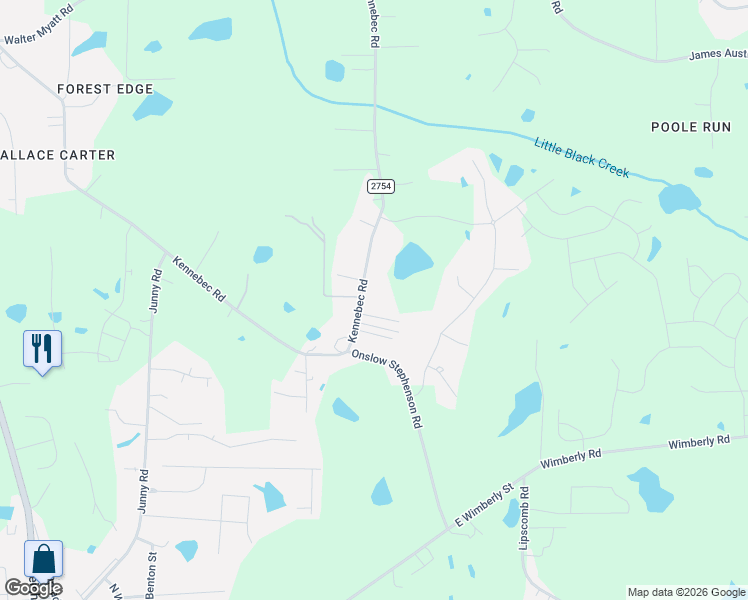 map of restaurants, bars, coffee shops, grocery stores, and more near 9491 Kennebec Road in Wake County