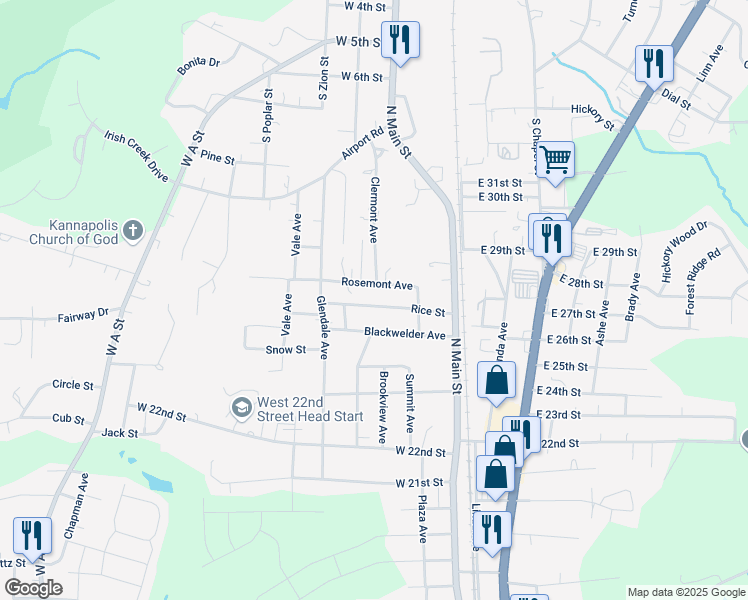 map of restaurants, bars, coffee shops, grocery stores, and more near 220 Rice Street in Kannapolis