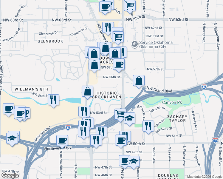 map of restaurants, bars, coffee shops, grocery stores, and more near 1123 Woodlawn Place in Oklahoma City
