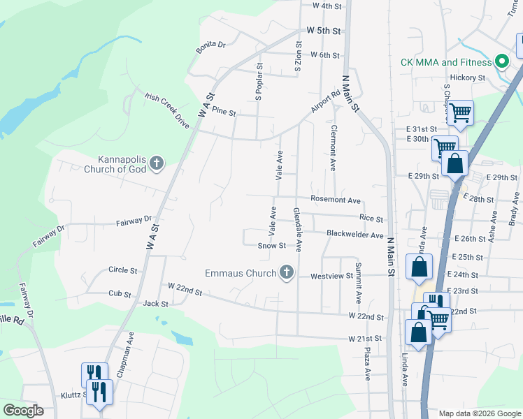 map of restaurants, bars, coffee shops, grocery stores, and more near 2709 Vale Avenue in Kannapolis