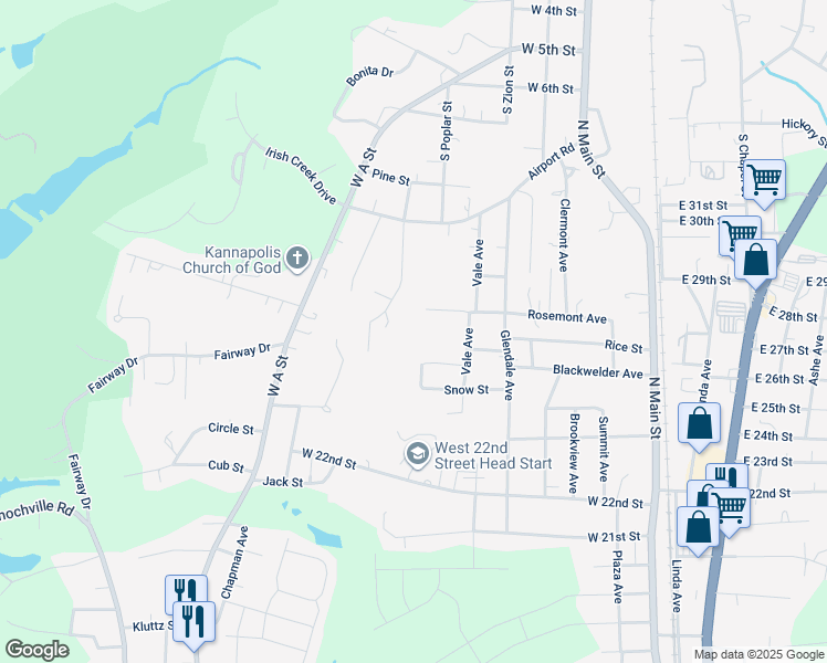 map of restaurants, bars, coffee shops, grocery stores, and more near Jefferson Heights in Kannapolis