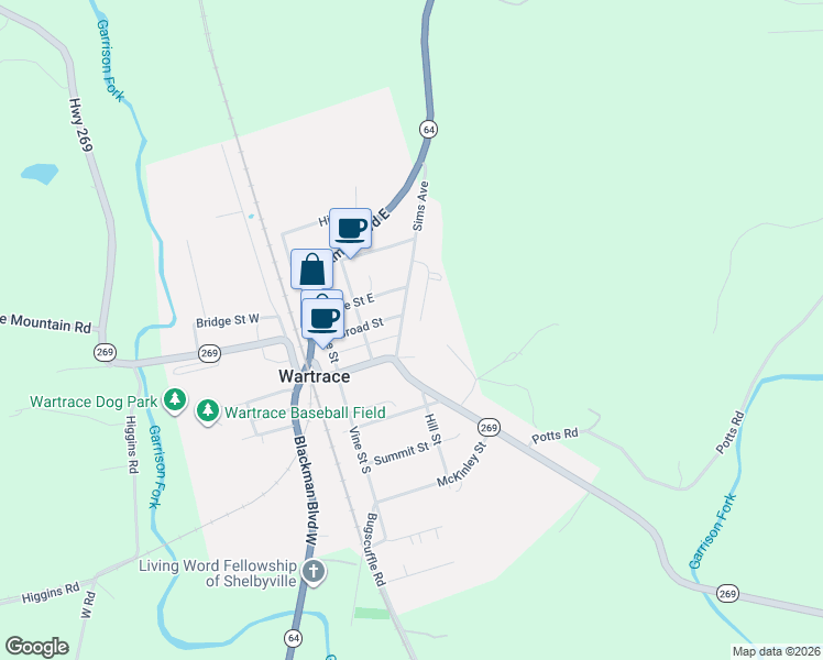map of restaurants, bars, coffee shops, grocery stores, and more near 110 Sims Avenue in Wartrace