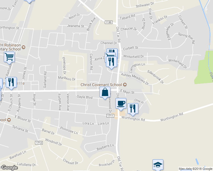 map of restaurants, bars, coffee shops, grocery stores, and more near 611 Main Street in Winterville