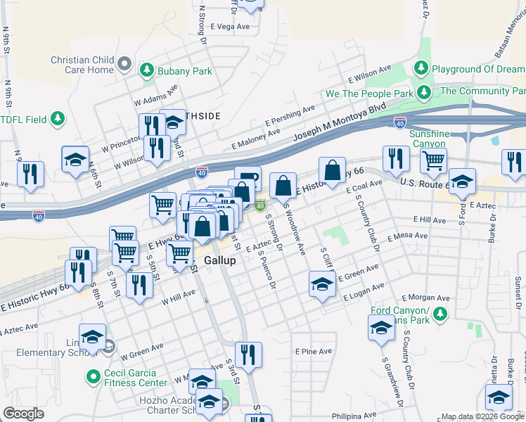 map of restaurants, bars, coffee shops, grocery stores, and more near 218 East Highway 66 in Gallup