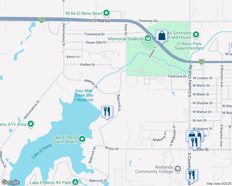 map of restaurants, bars, coffee shops, grocery stores, and more near 2600 Melone Drive in El Reno
