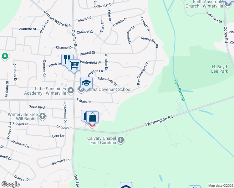 map of restaurants, bars, coffee shops, grocery stores, and more near 748 Ashley Meadows Dr in Winterville