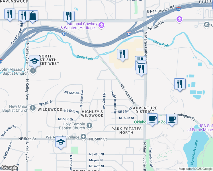 map of restaurants, bars, coffee shops, grocery stores, and more near 5817 Rhode Island Avenue in Oklahoma City