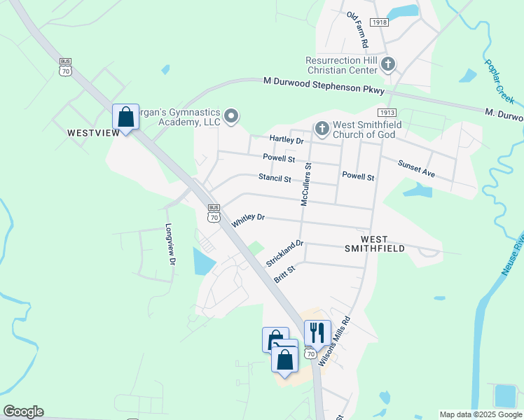 map of restaurants, bars, coffee shops, grocery stores, and more near 212 Whitley Drive in Smithfield