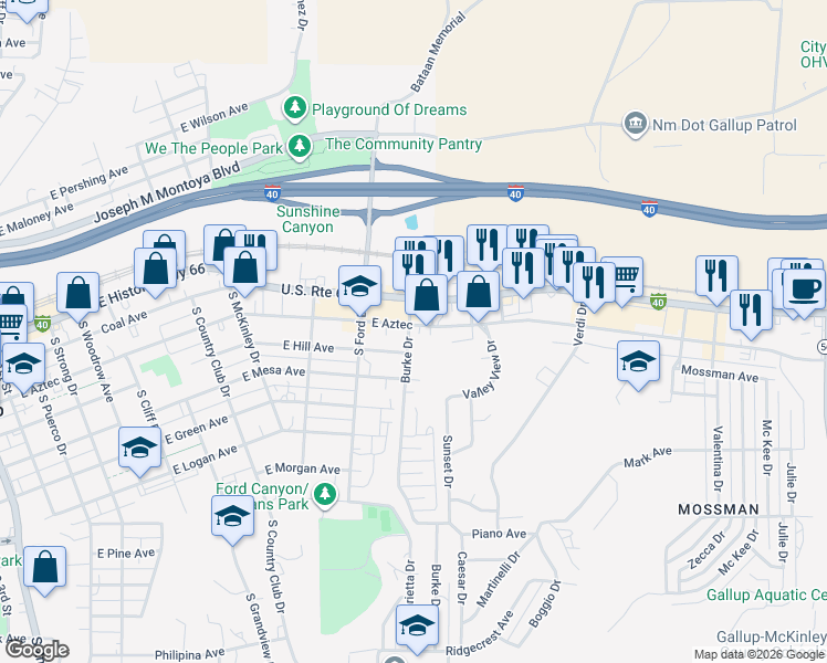 map of restaurants, bars, coffee shops, grocery stores, and more near 1100 East Aztec in Gallup