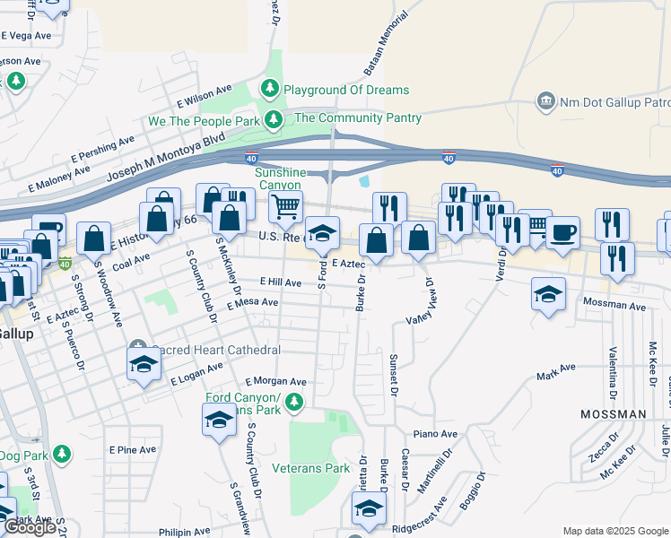 map of restaurants, bars, coffee shops, grocery stores, and more near 1010 East Aztec in Gallup