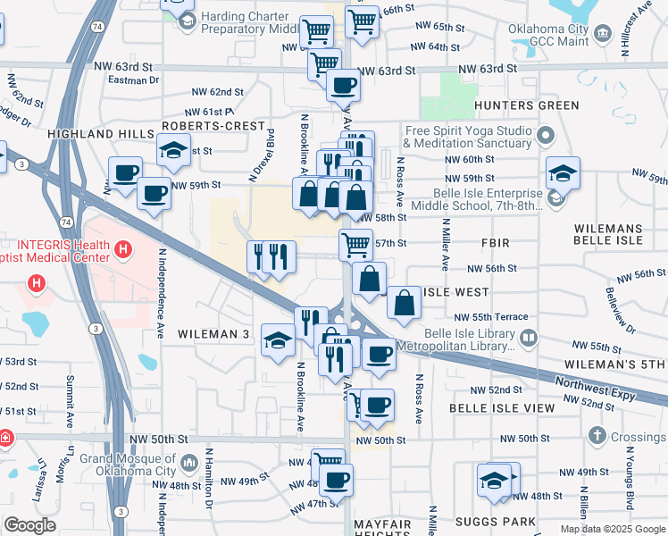 map of restaurants, bars, coffee shops, grocery stores, and more near 5613 North May Avenue in Oklahoma City
