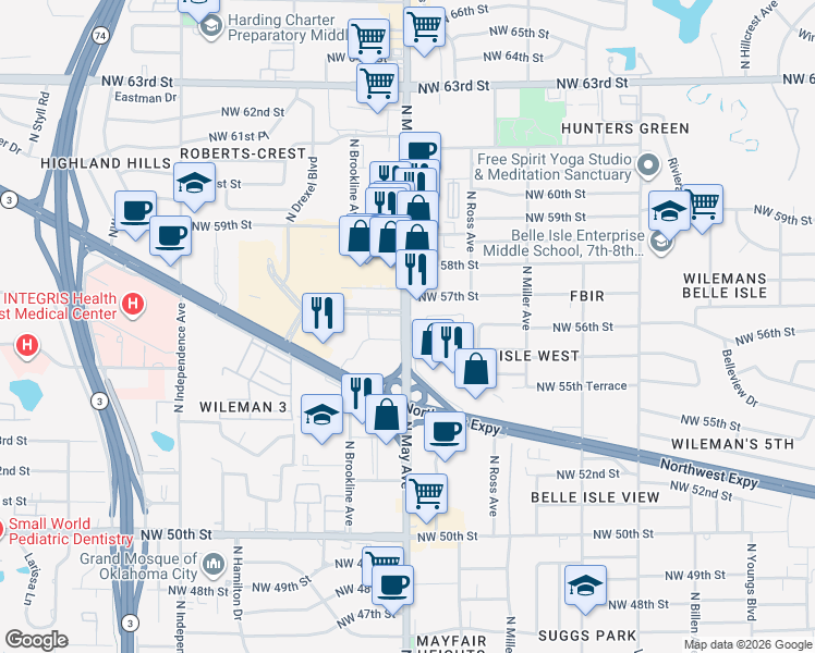 map of restaurants, bars, coffee shops, grocery stores, and more near N May Ave & NW 56th St in Oklahoma City