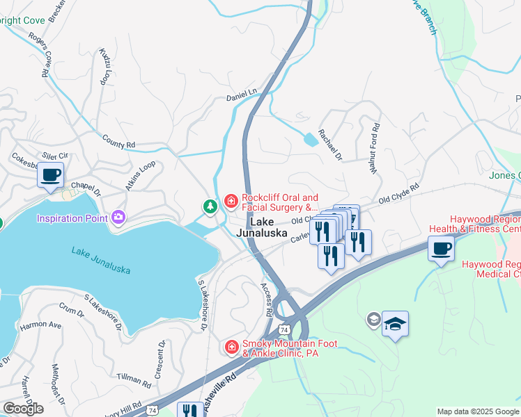 map of restaurants, bars, coffee shops, grocery stores, and more near 41 Britts Way in Waynesville
